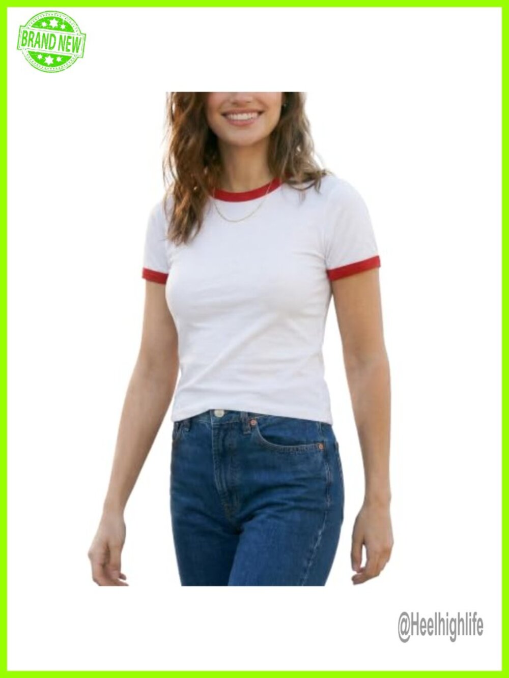 Zengjo Ringer Tee Crewneck Short Sleeve Cotton Blend Fitted Retro Crop Top